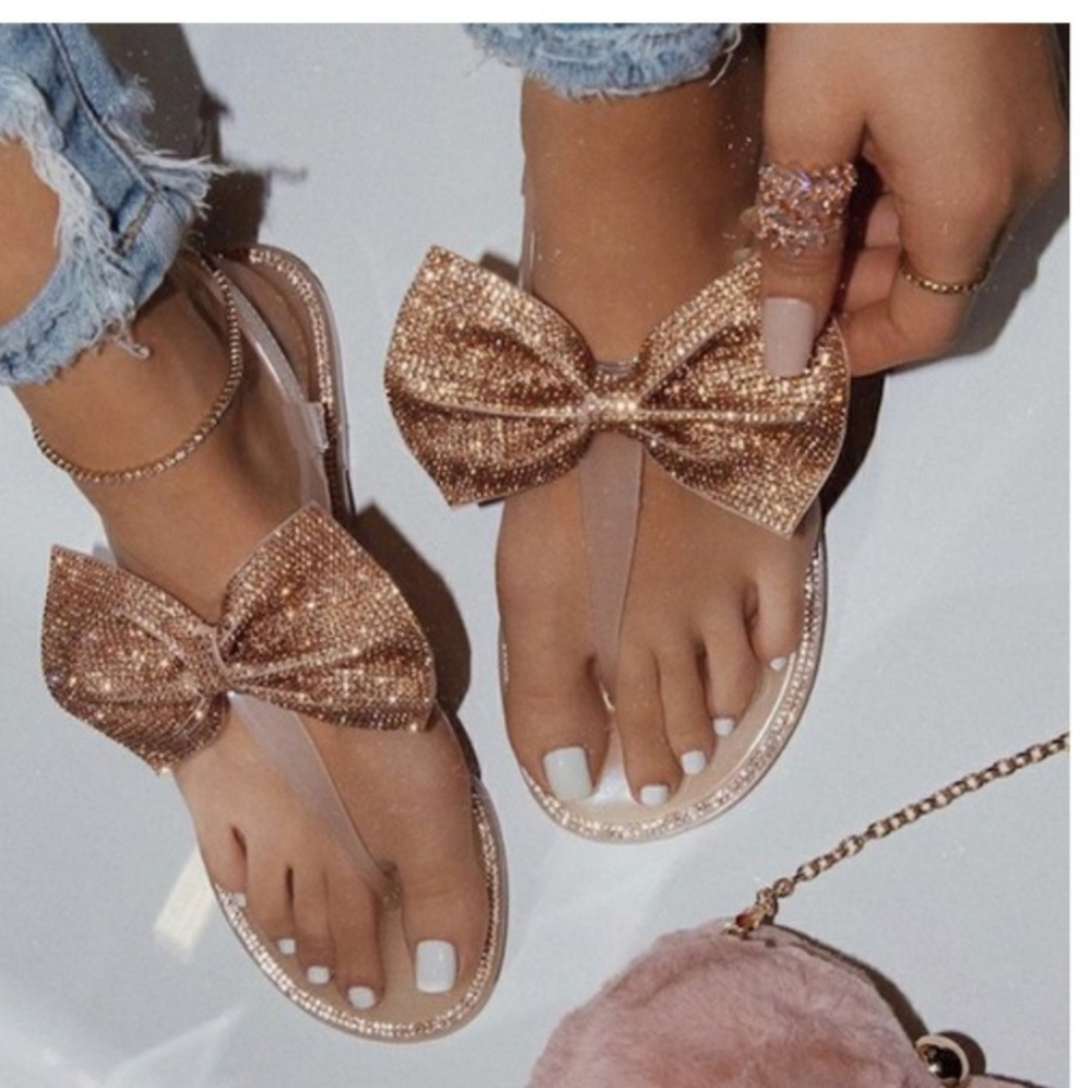 BAMBOO Rose Gold Bow T-Strap Sandals